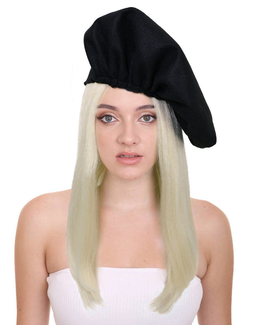 HPO Women's Chic Pop Icon Blonde Wig with Black Hat Sleek Style Elegant Layers and Bold Modern Flair Premium Breathable Capless Cap