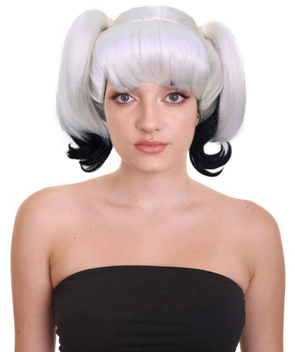 HPO Adult Women’s Black and White Pigtail Wig | Split Color Curly Hairpiece with Bangs | Ideal for Halloween, Cosplay, and Fancy Dress Wig