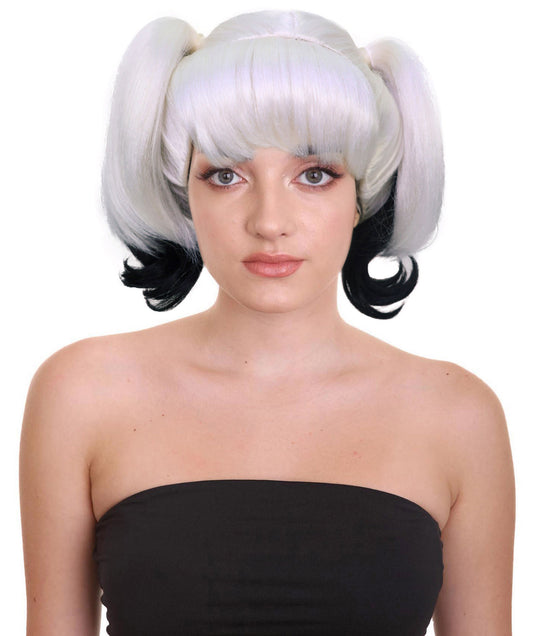 HPO Adult Women’s Black and White Pigtail Wig | Split Color Curly Hairpiece with Bangs | Ideal for Halloween, Cosplay, and Fancy Dress Wig