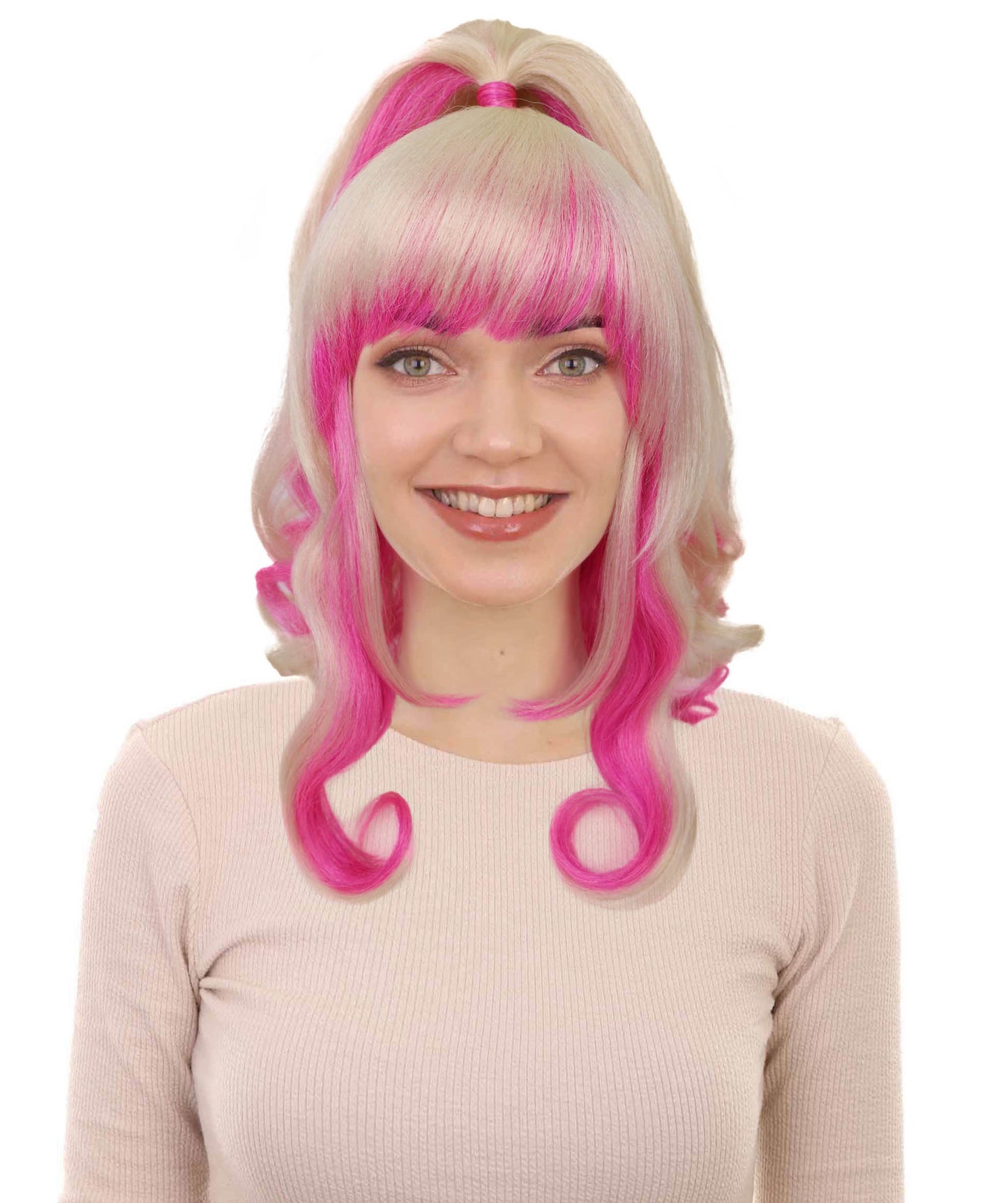 HPO Women’s Fairy Fantasy Blonde & Pink Magical High Ponytail Wig | Halloween and Cosplay Wig | Flame-retardant Synthetic Fiber
