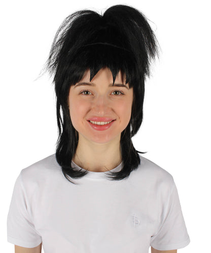 HPO Women’s Gothic Bride Crazy Ghost Film Black Wig with Bangs, Perfect for Halloween, Flame-retardant Synthetic Fiber