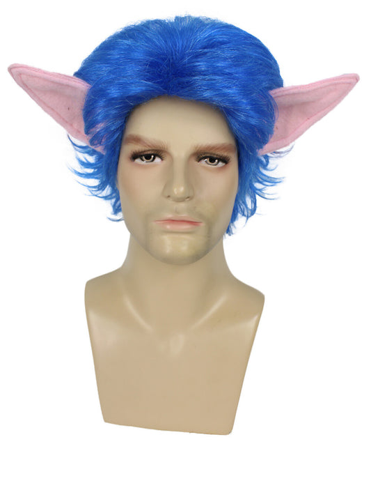 HPO Adult Men's blue wig with ear, perfect for Halloween, Flame-retardant synthetic fiber