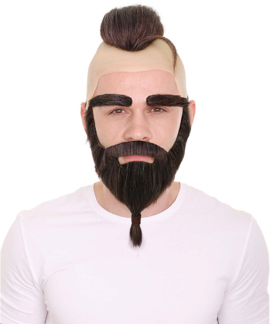HPO Men’s 3D Character Brown Wig With Mustache, Eyebrow and Beard,Perfect for Halloween,Synthetic Materials