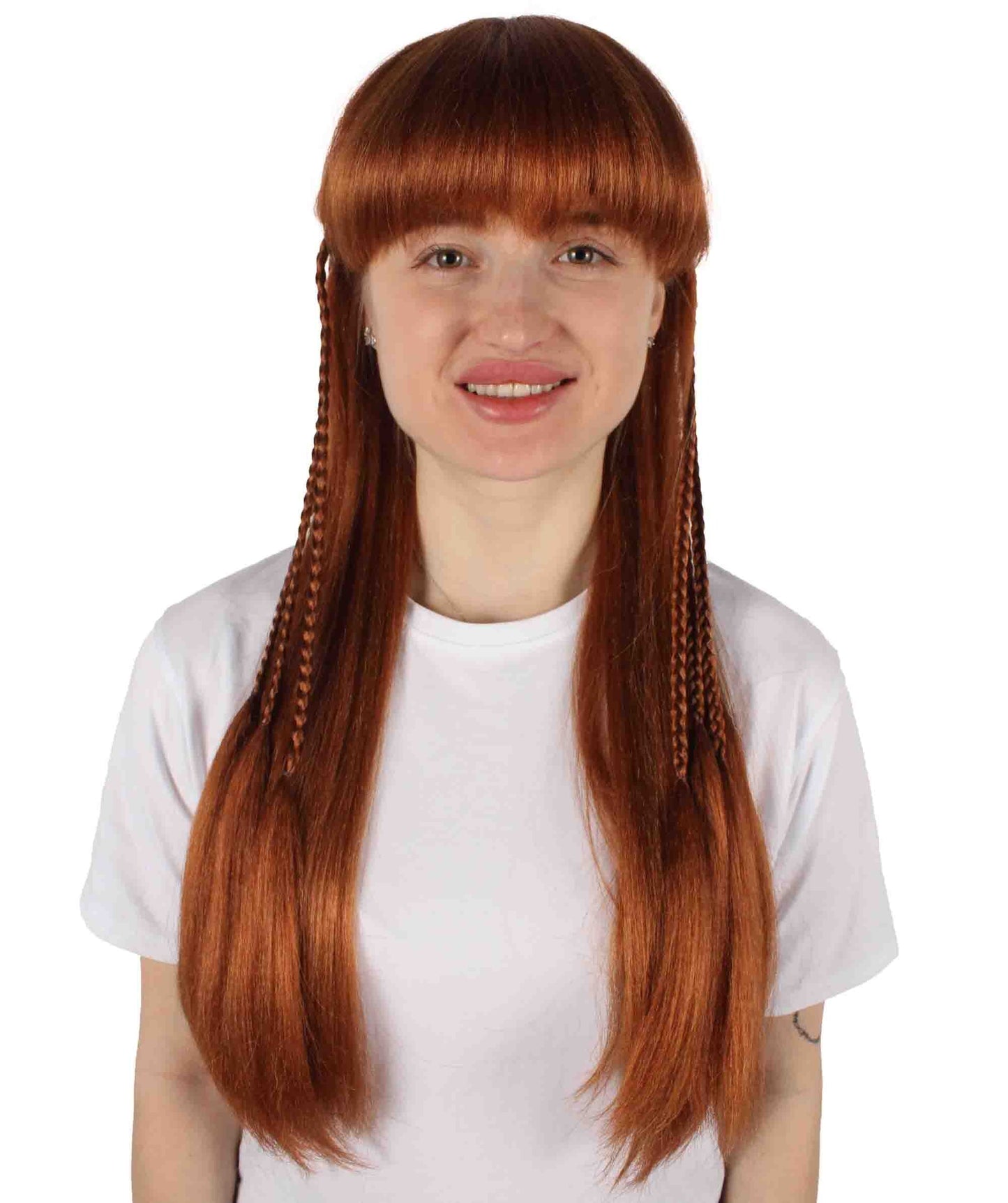 HPO Adult Women's Auburn Brown Long Straight Wig with Braid | Halloween and Cosplay Wig | Flame-retardant Synthetic Fiber