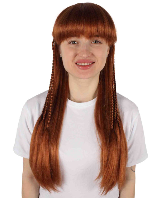 HPO Adult Women's Auburn Brown Long Straight Wig with Braid | Halloween and Cosplay Wig | Flame-retardant Synthetic Fiber