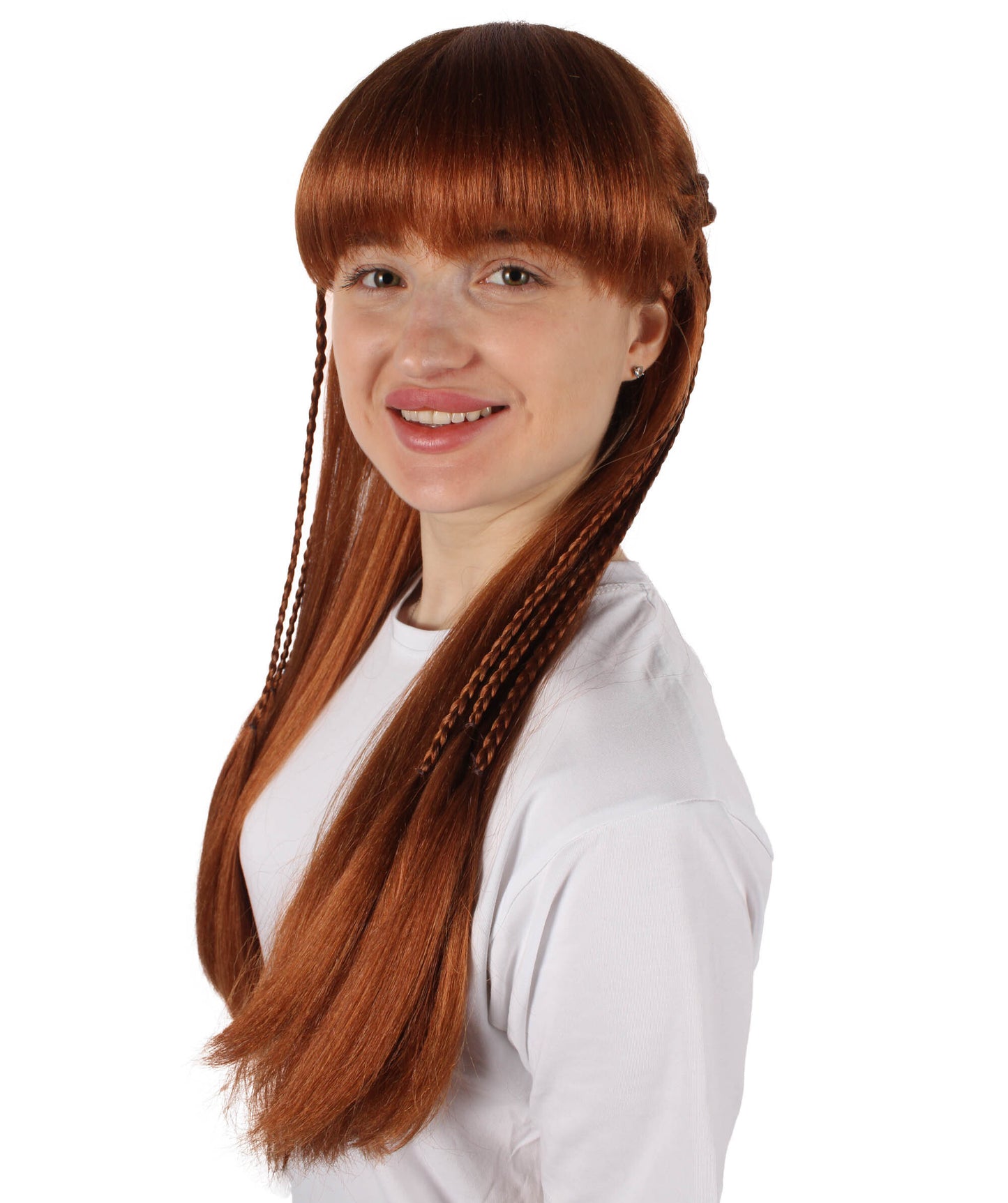 HPO Adult Women's Auburn Brown Long Straight Wig with Braid | Halloween and Cosplay Wig | Flame-retardant Synthetic Fiber