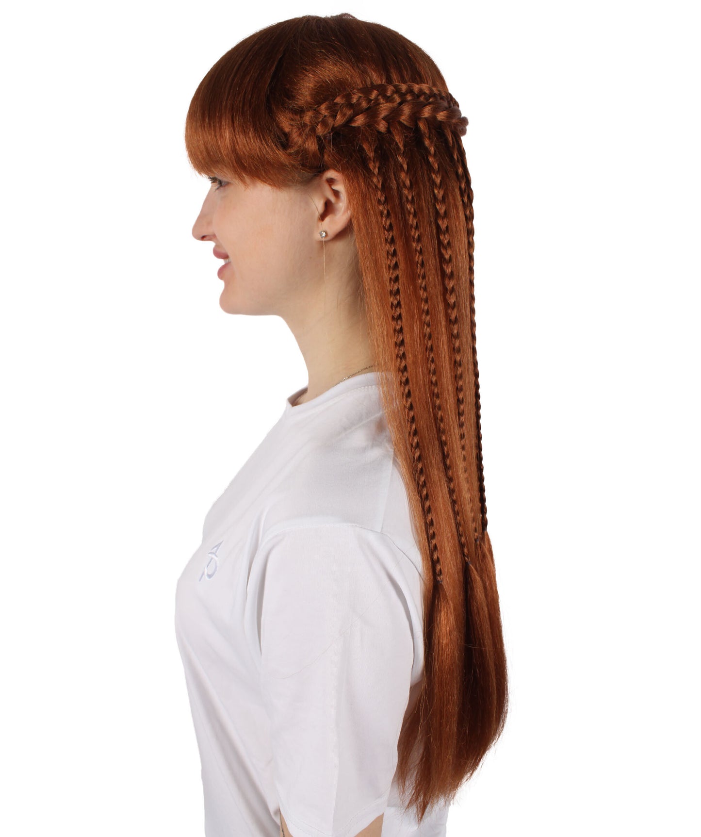 HPO Adult Women's Auburn Brown Long Straight Wig with Braid | Halloween and Cosplay Wig | Flame-retardant Synthetic Fiber