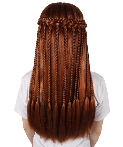 HPO Adult Women's Auburn Brown Long Straight Wig with Braid | Halloween and Cosplay Wig | Flame-retardant Synthetic Fiber