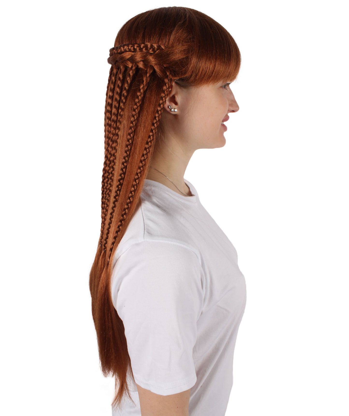 HPO Adult Women's Auburn Brown Long Straight Wig with Braid | Halloween and Cosplay Wig | Flame-retardant Synthetic Fiber