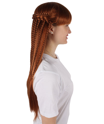 HPO Adult Women's Auburn Brown Long Straight Wig with Braid | Halloween and Cosplay Wig | Flame-retardant Synthetic Fiber