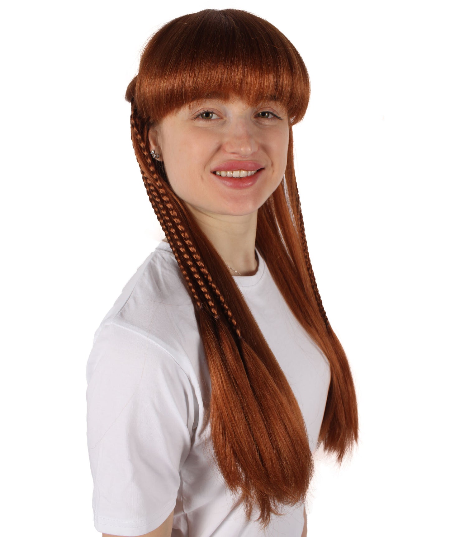HPO Adult Women's Auburn Brown Long Straight Wig with Braid | Halloween and Cosplay Wig | Flame-retardant Synthetic Fiber