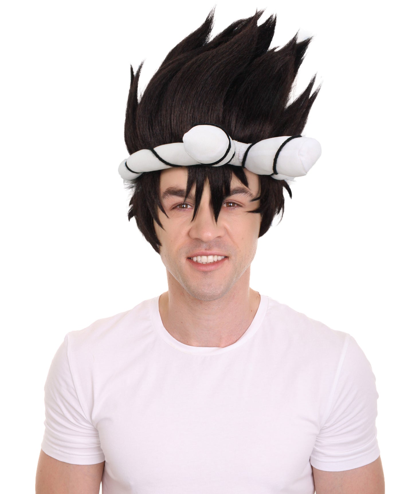 HPO Men’s Black Spiky Wig with White Knotted Headband | Suitable for Halloween | Premium Breathable Capless Cap