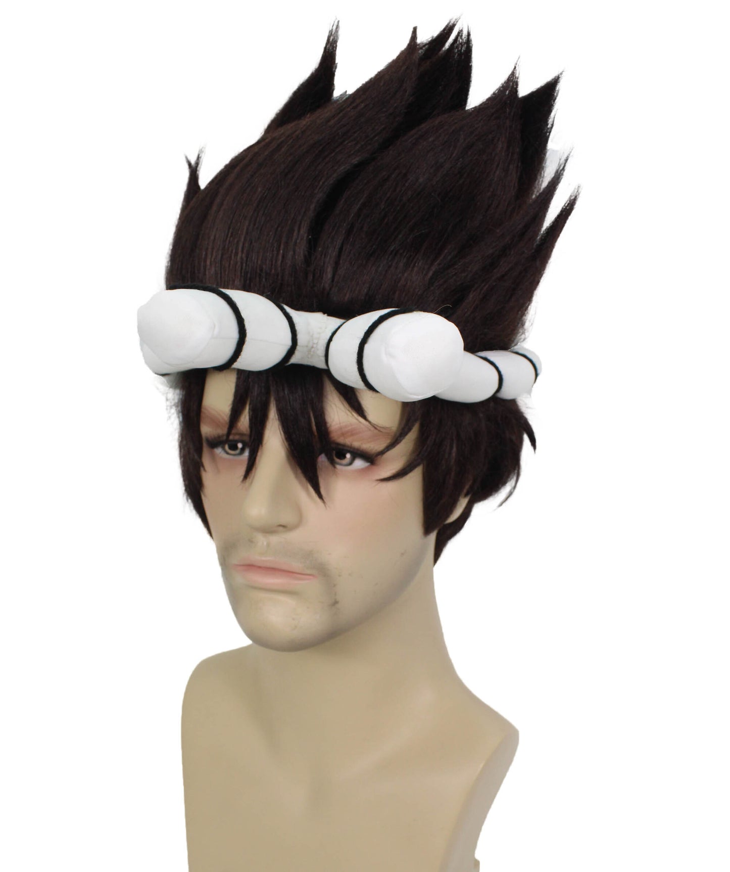 HPO Men’s Black Spiky Wig with White Knotted Headband | Suitable for Halloween | Premium Breathable Capless Cap