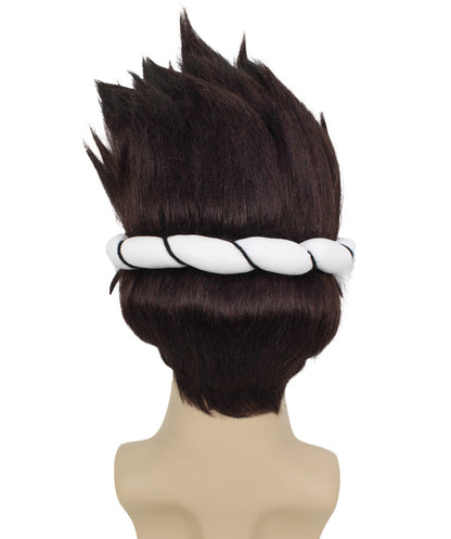 HPO Men’s Black Spiky Wig with White Knotted Headband | Suitable for Halloween | Premium Breathable Capless Cap