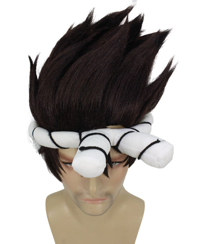 HPO Men’s Black Spiky Wig with White Knotted Headband | Suitable for Halloween | Premium Breathable Capless Cap