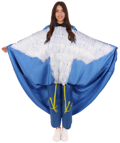 HPO Women's Fantasy Sorceress Costume Satin Gown Bird Wing Design - Blue & White Satin Sorceress Gown with Pant and Feathered Bird-Inspired Design for Halloween Cosplay Parties & Themed Events
