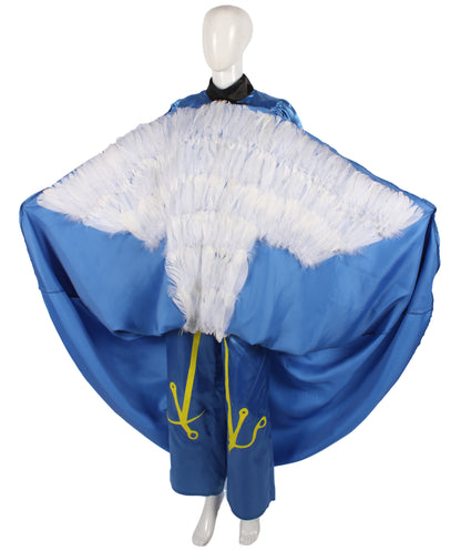 HPO Women's Fantasy Sorceress Costume Satin Gown Bird Wing Design - Blue & White Satin Sorceress Gown with Pant and Feathered Bird-Inspired Design for Halloween Cosplay Parties & Themed Events
