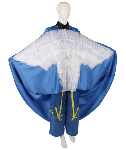 HPO Women's Fantasy Sorceress Costume Satin Gown Bird Wing Design - Blue & White Satin Sorceress Gown with Pant and Feathered Bird-Inspired Design for Halloween Cosplay Parties & Themed Events