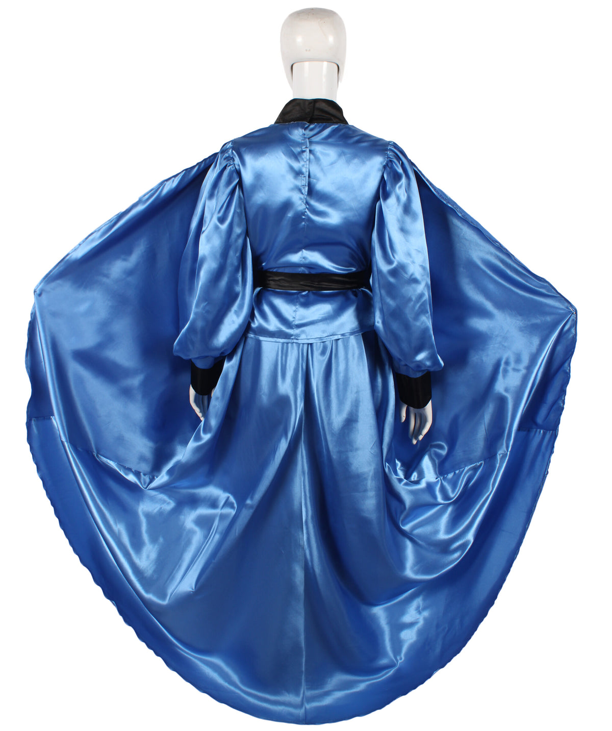 HPO Women's Fantasy Sorceress Costume Satin Gown Bird Wing Design - Blue & White Satin Sorceress Gown with Pant and Feathered Bird-Inspired Design for Halloween Cosplay Parties & Themed Events