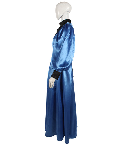 HPO Women's Fantasy Sorceress Costume Satin Gown Bird Wing Design - Blue & White Satin Sorceress Gown with Pant and Feathered Bird-Inspired Design for Halloween Cosplay Parties & Themed Events