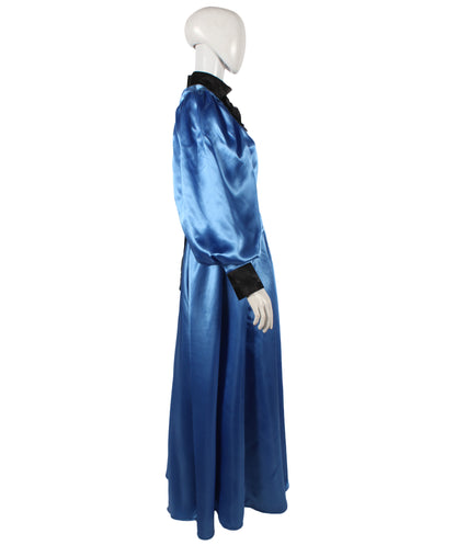HPO Women's Fantasy Sorceress Costume Satin Gown Bird Wing Design - Blue & White Satin Sorceress Gown with Pant and Feathered Bird-Inspired Design for Halloween Cosplay Parties & Themed Events