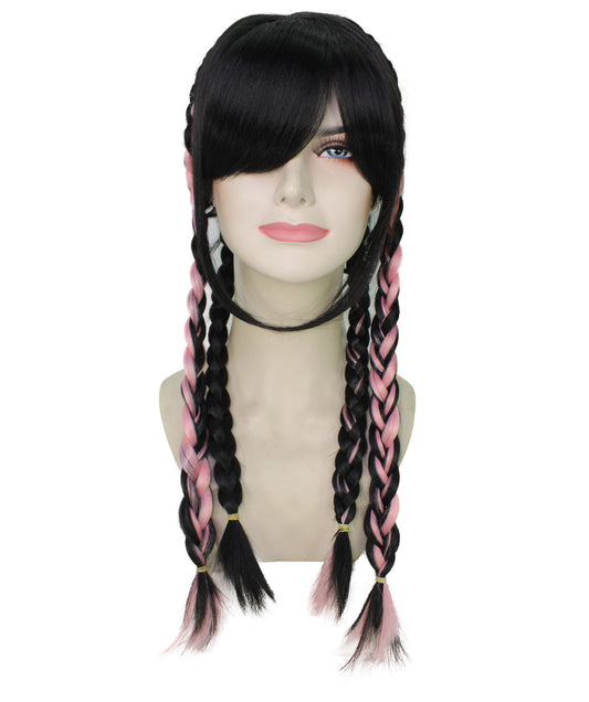 HPO  Women's Black & Pink Long Braided Wig I Cosplay Wig I Flame-retardant Synthetic Fiber