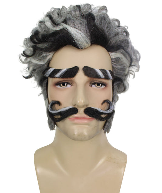 HPO Men's Headmaster Dark Gray Wig with Mustache Set | Halloween Wig | Flame-retardant Synthetic Fiber