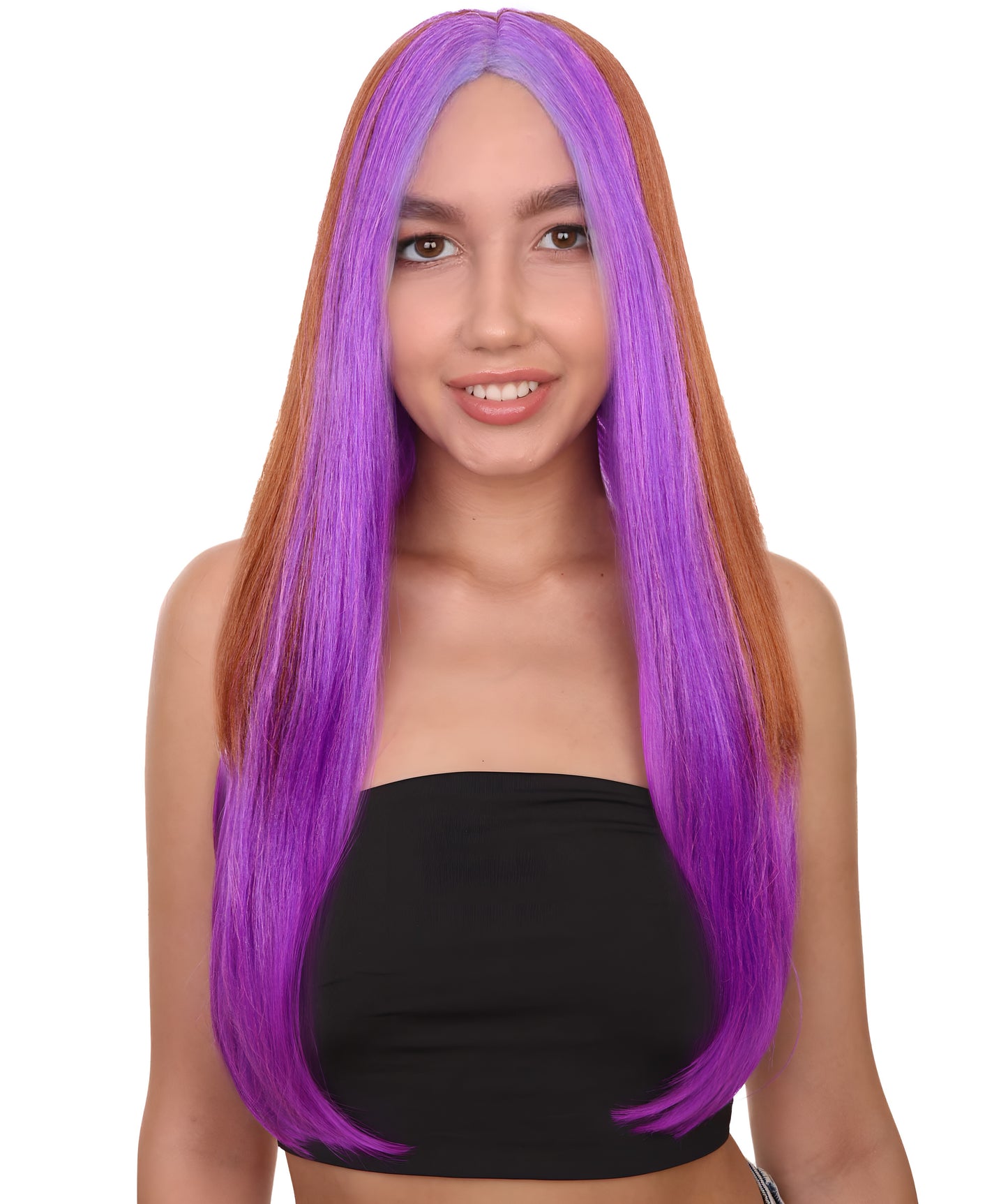 HPO Women's Doll Figure Long Straight Wig with Purple Streaks Wig | Flame-retardant Synthetic Fiber