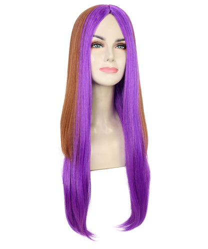 HPO Women's Doll Figure Long Straight Wig with Purple Streaks Wig | Flame-retardant Synthetic Fiber