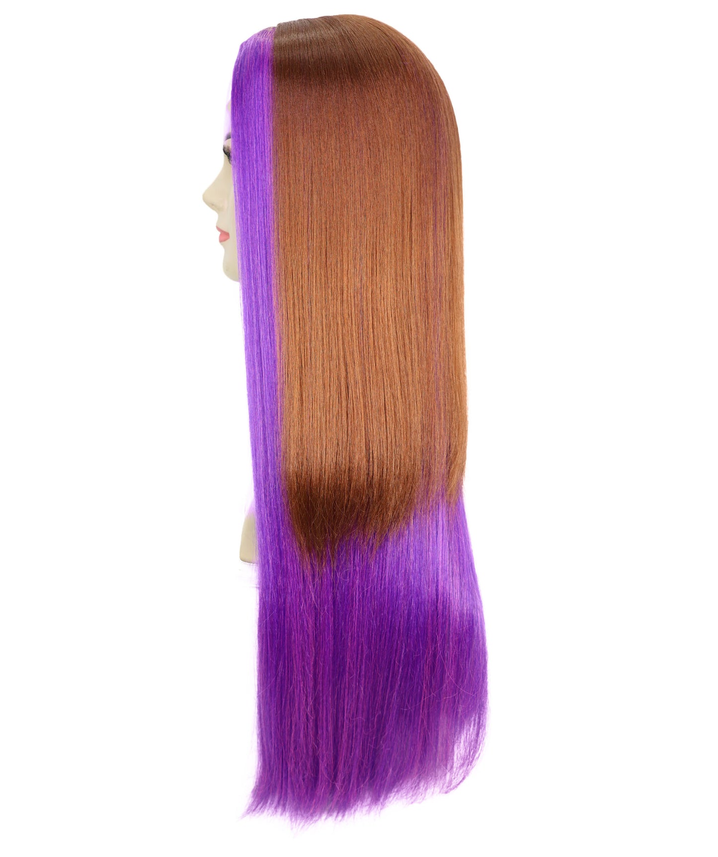 HPO Women's Doll Figure Long Straight Wig with Purple Streaks Wig | Flame-retardant Synthetic Fiber