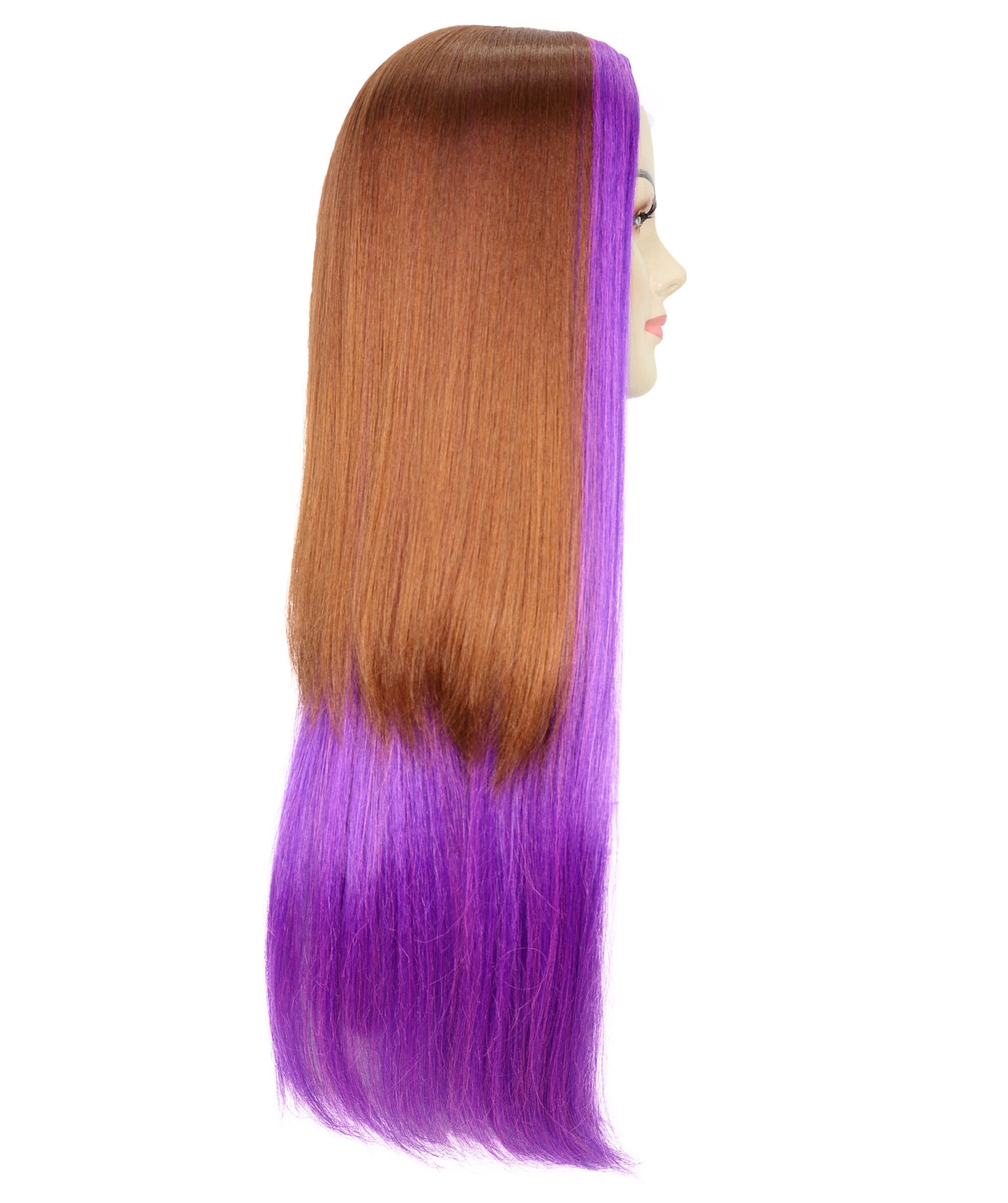 HPO Women's Doll Figure Long Straight Wig with Purple Streaks Wig | Flame-retardant Synthetic Fiber