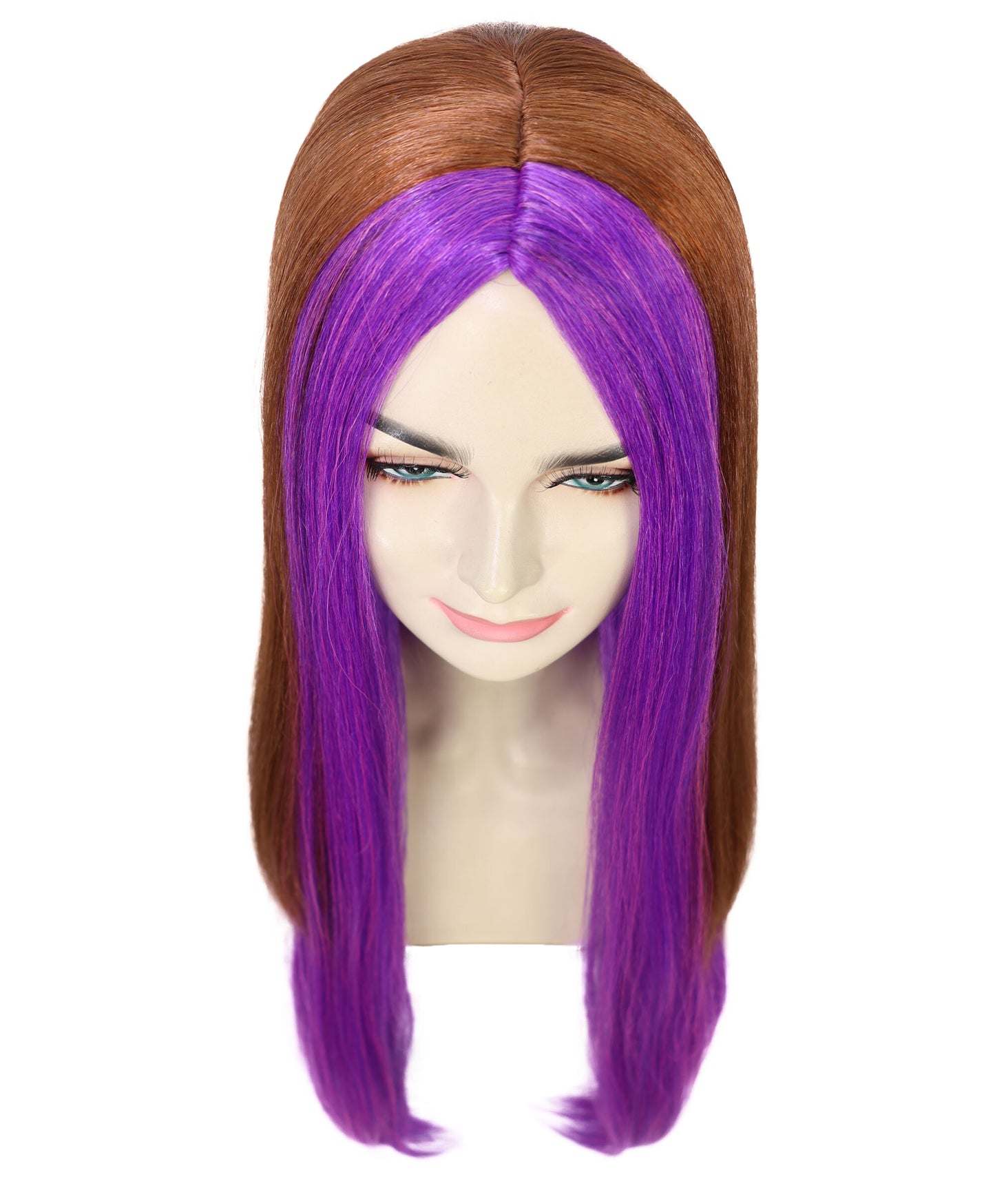 HPO Women's Doll Figure Long Straight Wig with Purple Streaks Wig | Flame-retardant Synthetic Fiber