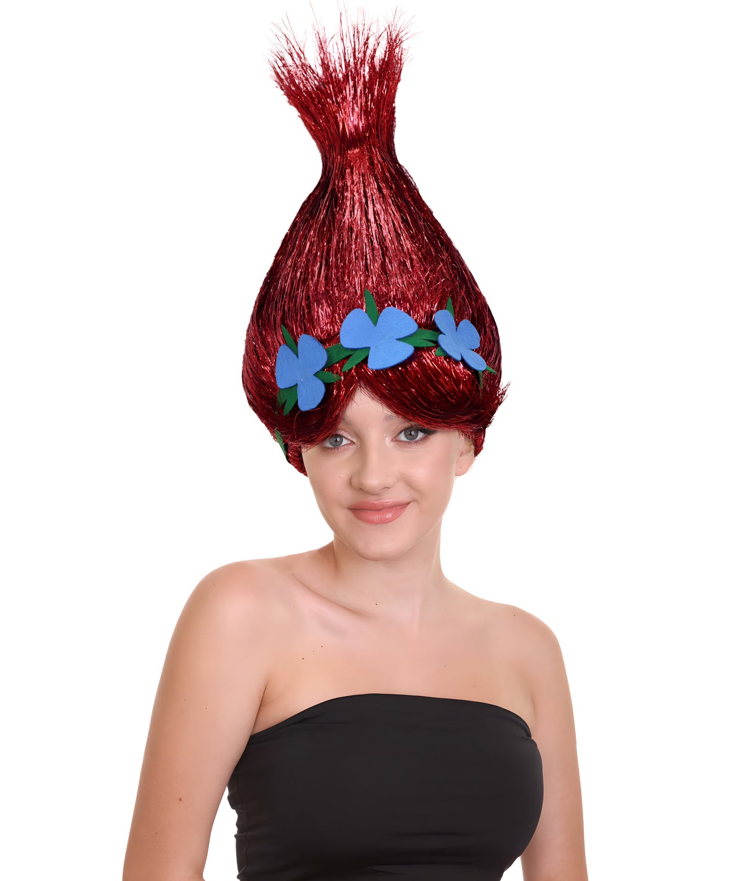 HPO Animated Movie Character Spike Red Tinsel Troll Wig With Flower I Halloween  Wig I Tinsel Material