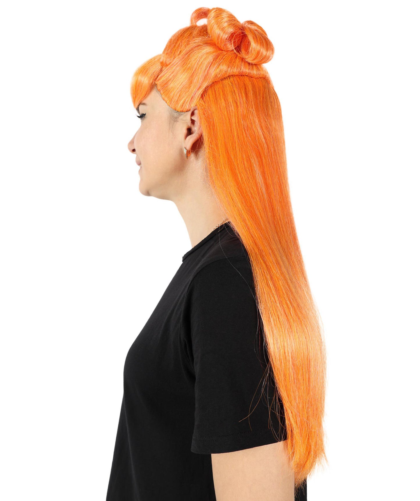 HPO Women Megan Thee Stallion Long Straight Orange Wigs, Premium Breathable Capless Cap with Flame Retardant Synthetic Fiber Hair