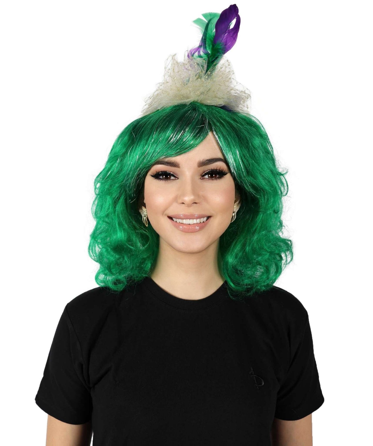 HPO Women Gold Tinsel Laced Green Mardi Gras Female Wig with Lighted Jester Fascinator