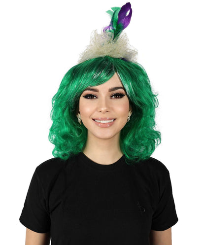 HPO Women Gold Tinsel Laced Green Mardi Gras Female Wig with Lighted Jester Fascinator