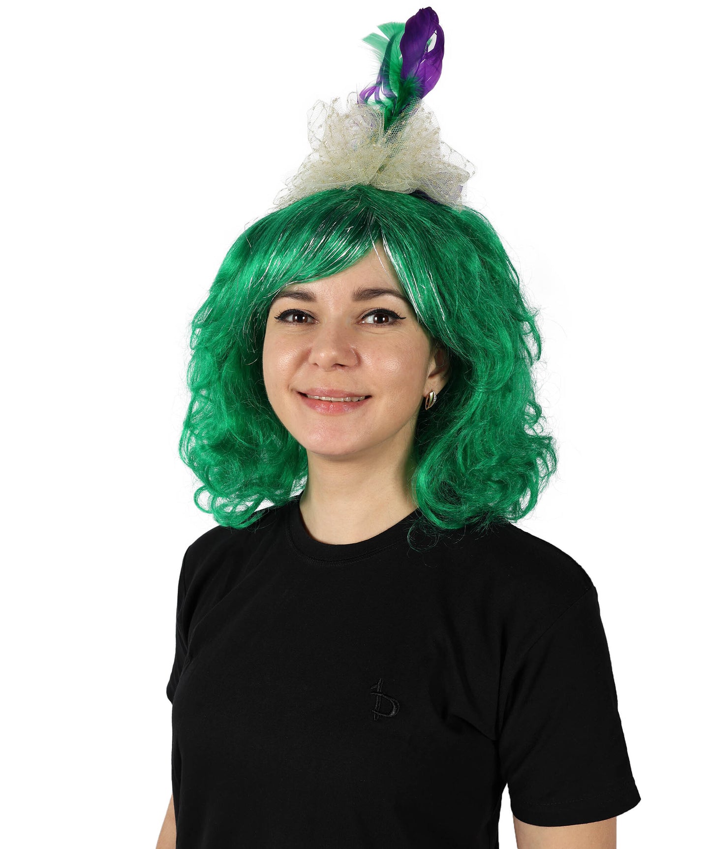 HPO Women Gold Tinsel Laced Green Mardi Gras Female Wig with Lighted Jester Fascinator