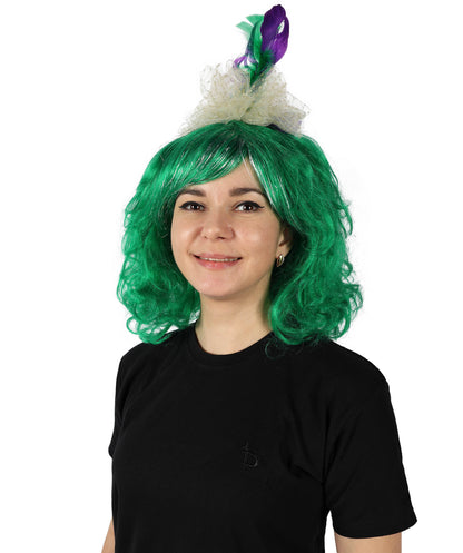 HPO Women Gold Tinsel Laced Green Mardi Gras Female Wig with Lighted Jester Fascinator