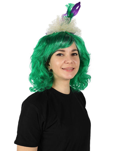 HPO Women Gold Tinsel Laced Green Mardi Gras Female Wig with Lighted Jester Fascinator