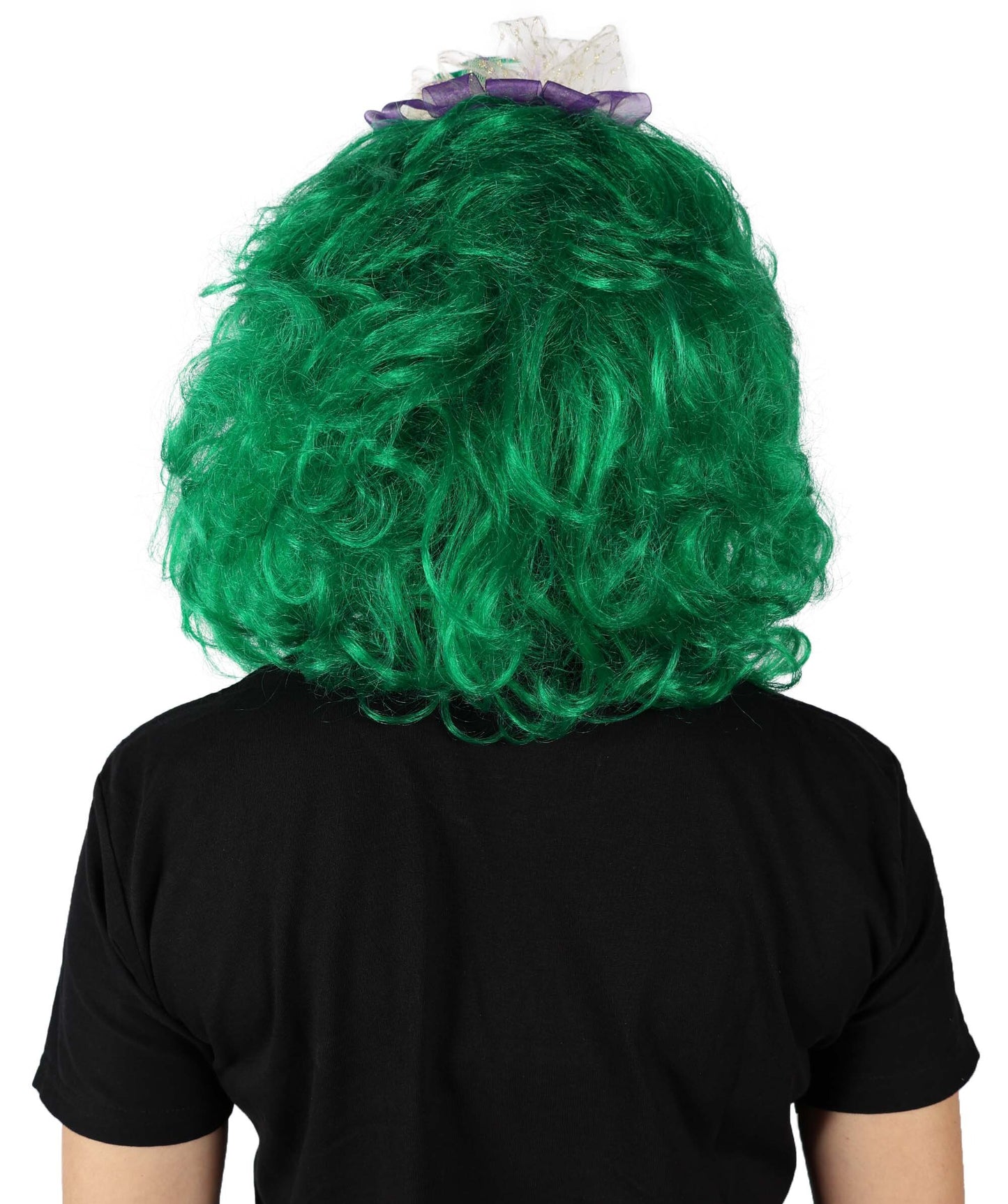 HPO Women Gold Tinsel Laced Green Mardi Gras Female Wig with Lighted Jester Fascinator