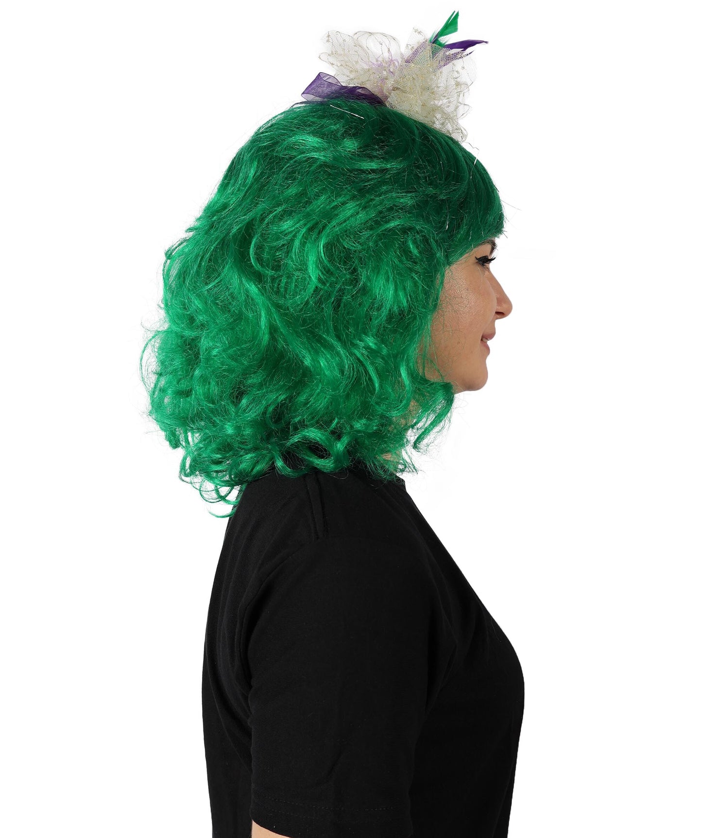 HPO Women Gold Tinsel Laced Green Mardi Gras Female Wig with Lighted Jester Fascinator