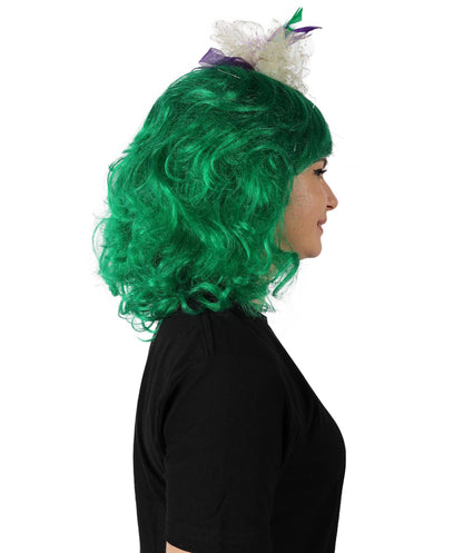 HPO Women Gold Tinsel Laced Green Mardi Gras Female Wig with Lighted Jester Fascinator