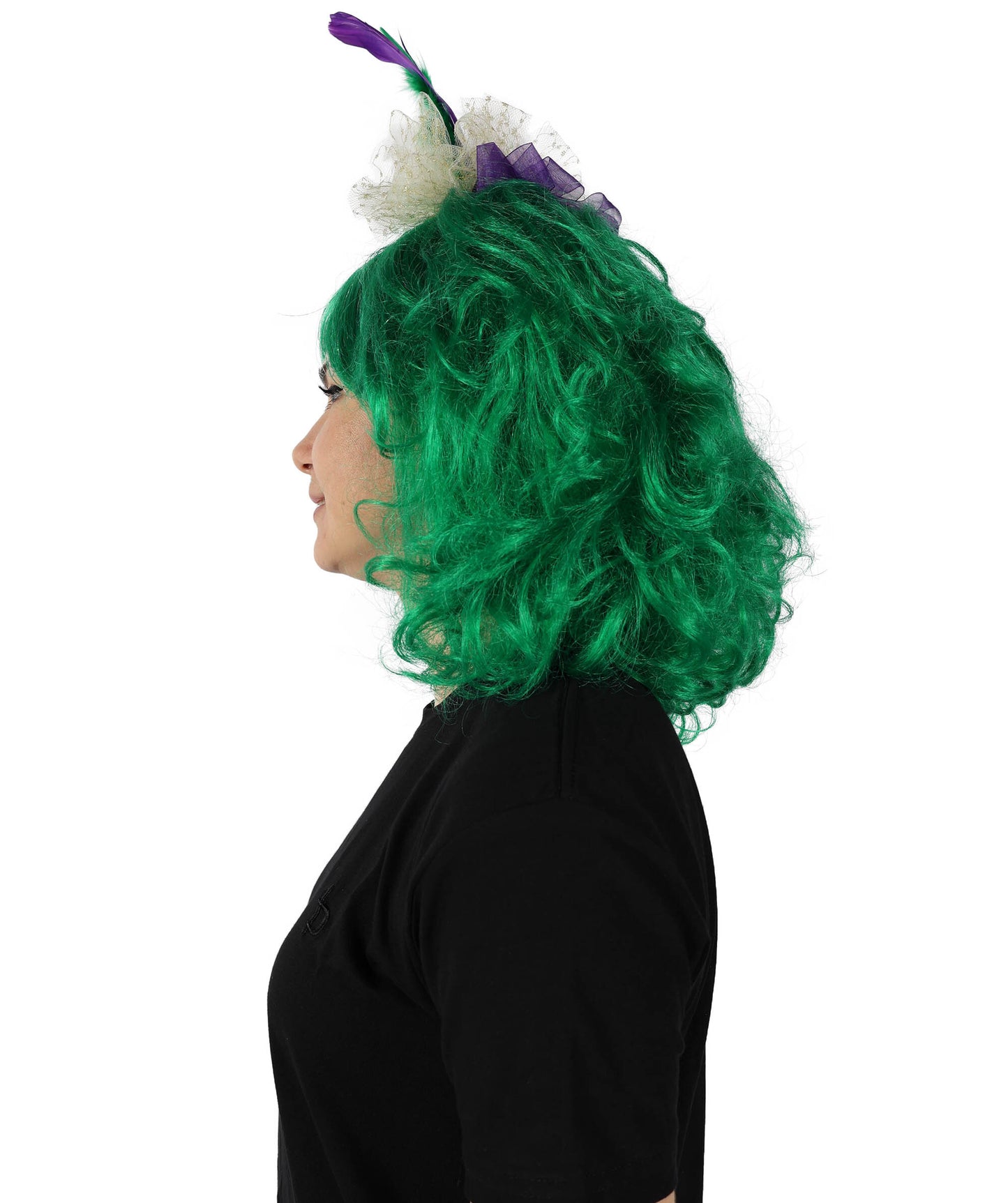 HPO Women Gold Tinsel Laced Green Mardi Gras Female Wig with Lighted Jester Fascinator