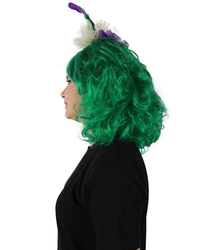 HPO Women Gold Tinsel Laced Green Mardi Gras Female Wig with Lighted Jester Fascinator