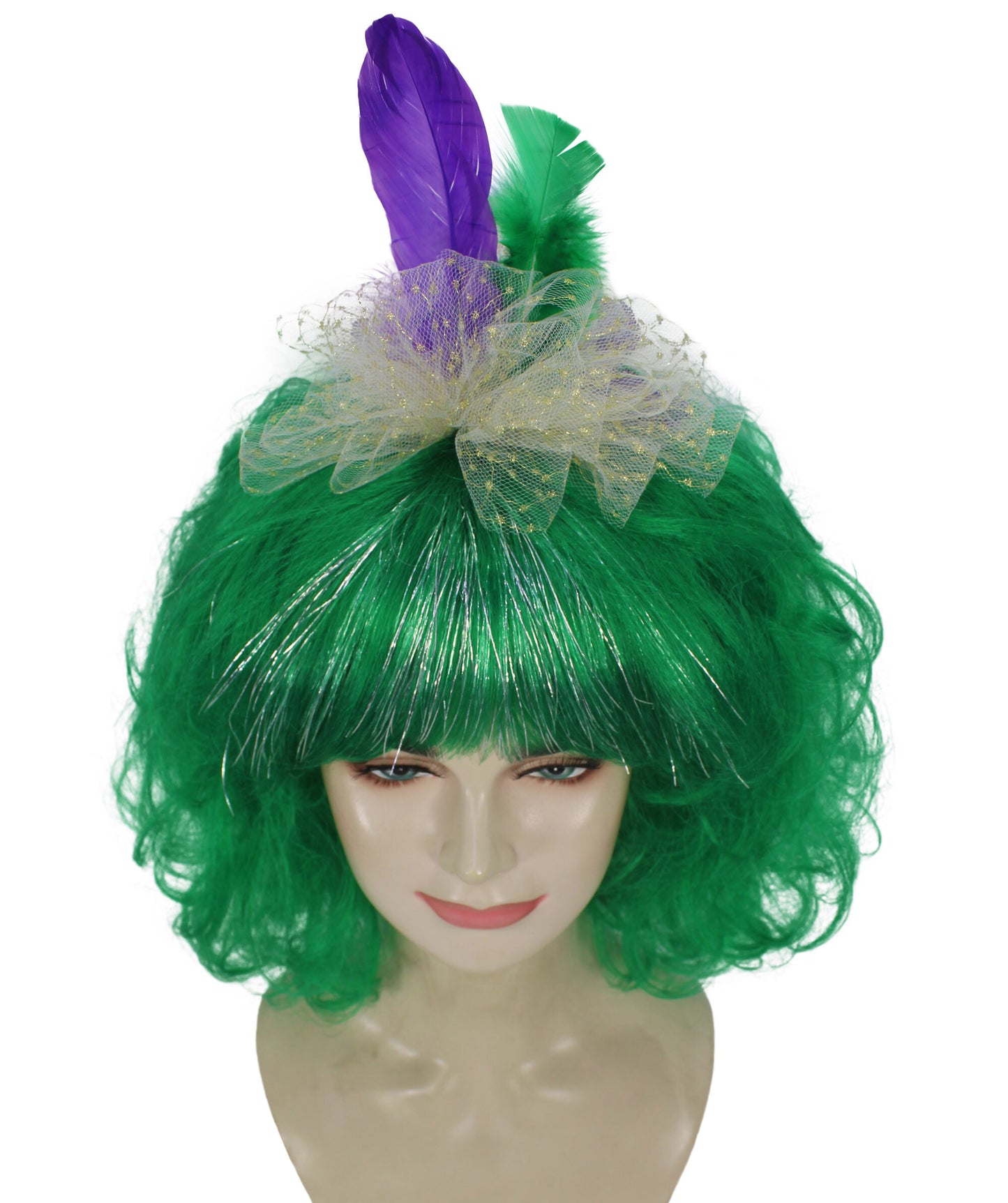HPO Women Gold Tinsel Laced Green Mardi Gras Female Wig with Lighted Jester Fascinator