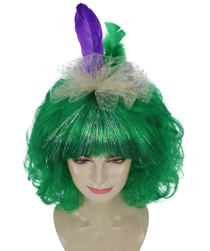 HPO Women Gold Tinsel Laced Green Mardi Gras Female Wig with Lighted Jester Fascinator