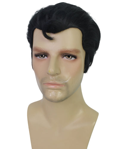 HPO Grease Danny Zuko Wig for Men, Black Slicked-Back Style, Iconic Costume Wig, Premium Breathable Capless Cap with Flame Retardant Synthetic Fiber Hair