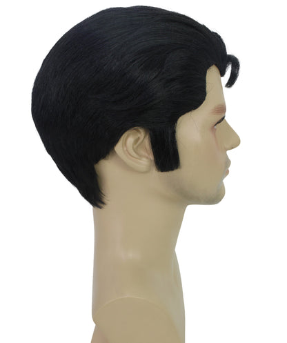 HPO Grease Danny Zuko Wig for Men, Black Slicked-Back Style, Iconic Costume Wig, Premium Breathable Capless Cap with Flame Retardant Synthetic Fiber Hair