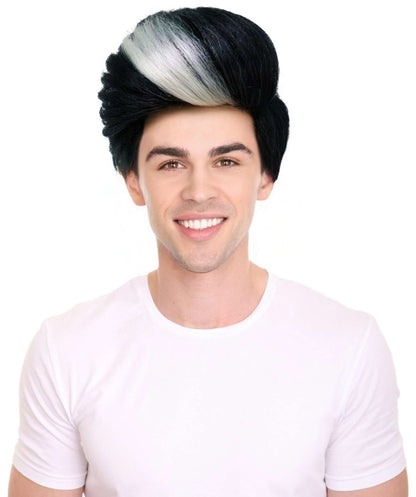 HPO Men's 90s Short Black Rapper Wig with White Streaks in front | Halloween and Cosplay Wig | Flame-retardant Synthetic Fiber