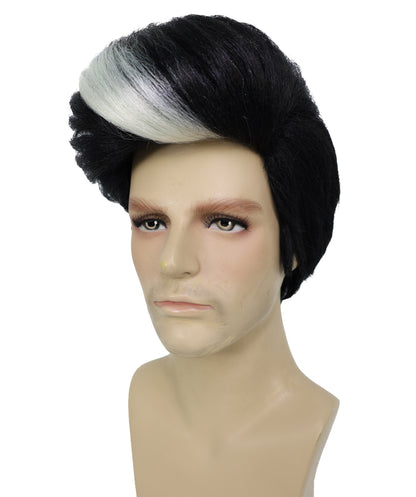 HPO Men's 90s Short Black Rapper Wig with White Streaks in front | Halloween and Cosplay Wig | Flame-retardant Synthetic Fiber